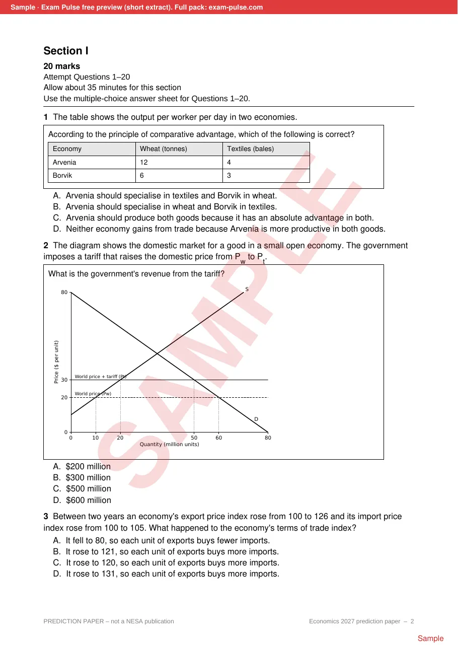 Sample page: Economics 2027 predicted exam, Section I, opening questions, watermarked Sample