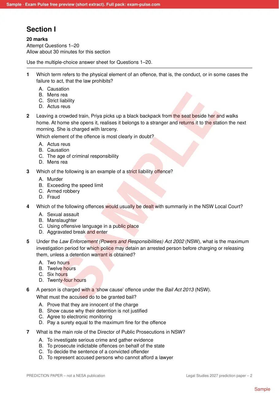 Sample page: Legal Studies 2027 predicted exam, Section I, Questions 1 to 7, watermarked Sample